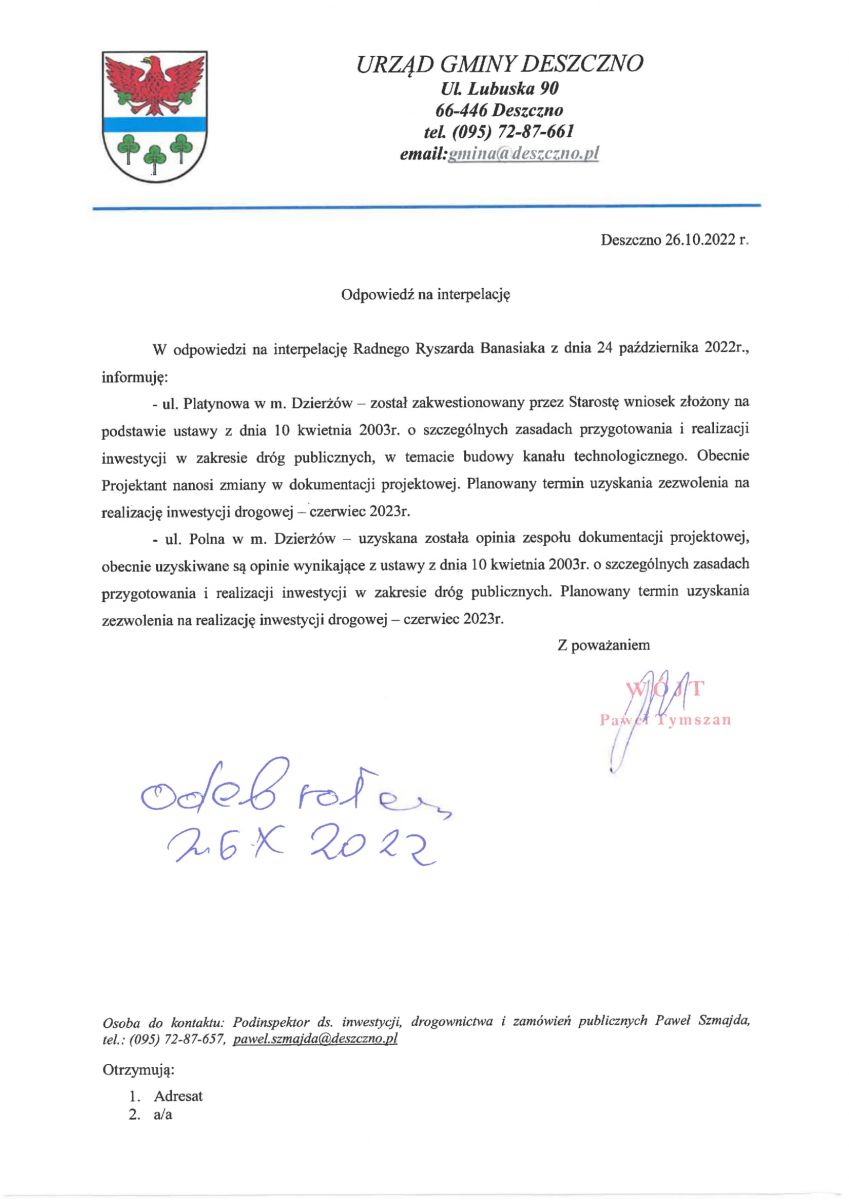 odp na interpelacje radnego gminy Ryszarda Banasiaka