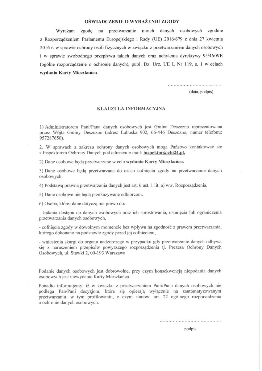 klauzula rodo karta mieszkańca gminy deszczno