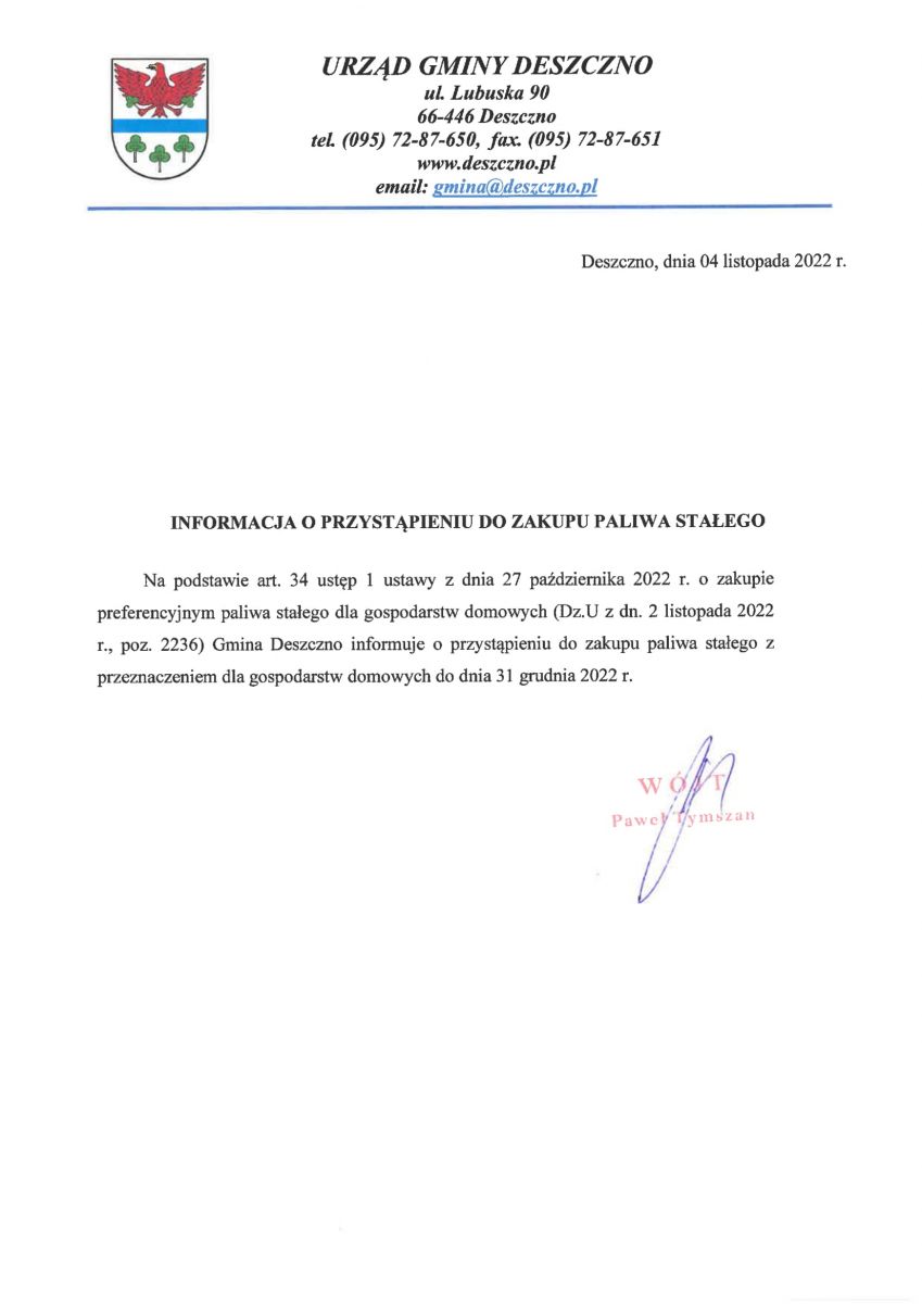 INFORMACJA O PRZYSTĄPIENIU DO ZAKUPU PALIWA STAŁEGO
