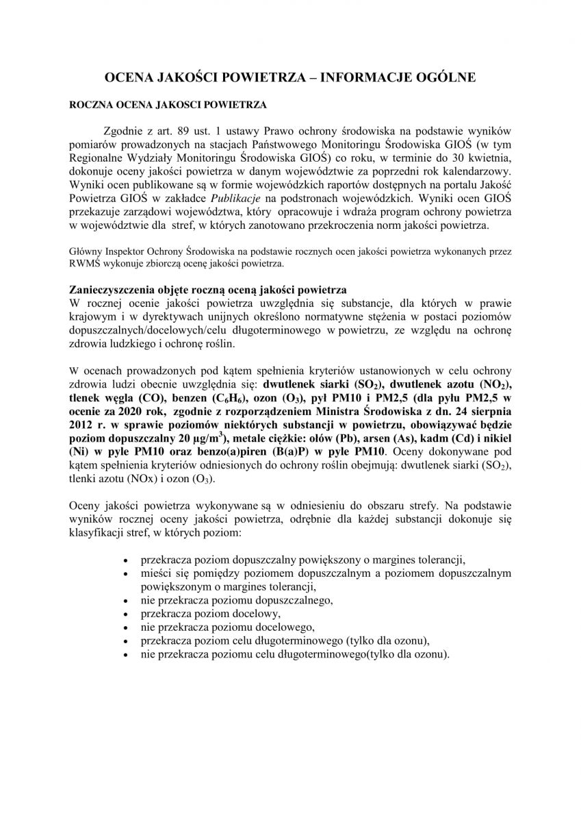 OCENA JAKOŚCI POWIETRZA – INFORMACJE OGÓLNE