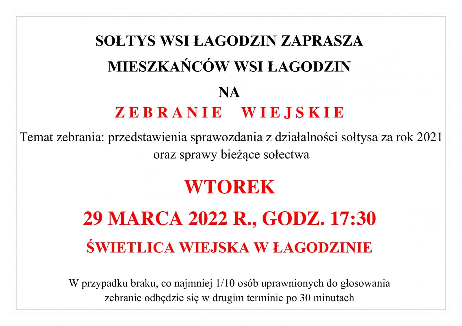 Plakat zebrania wsi Łagodzin