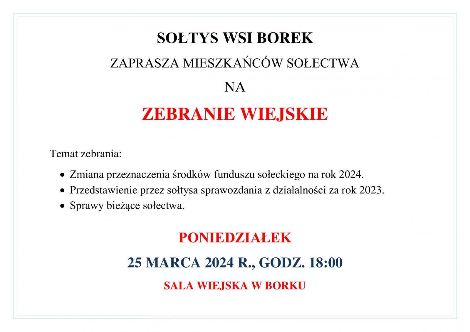 zebranie wiejskie mieszkańców wsi Borek