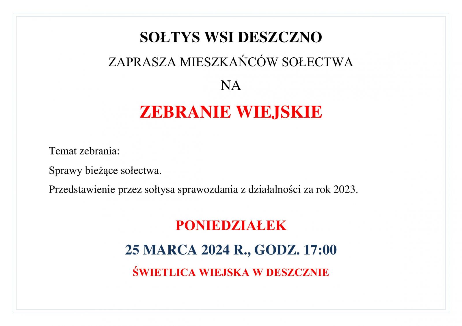zebranie wiejskie wsi Deszczno