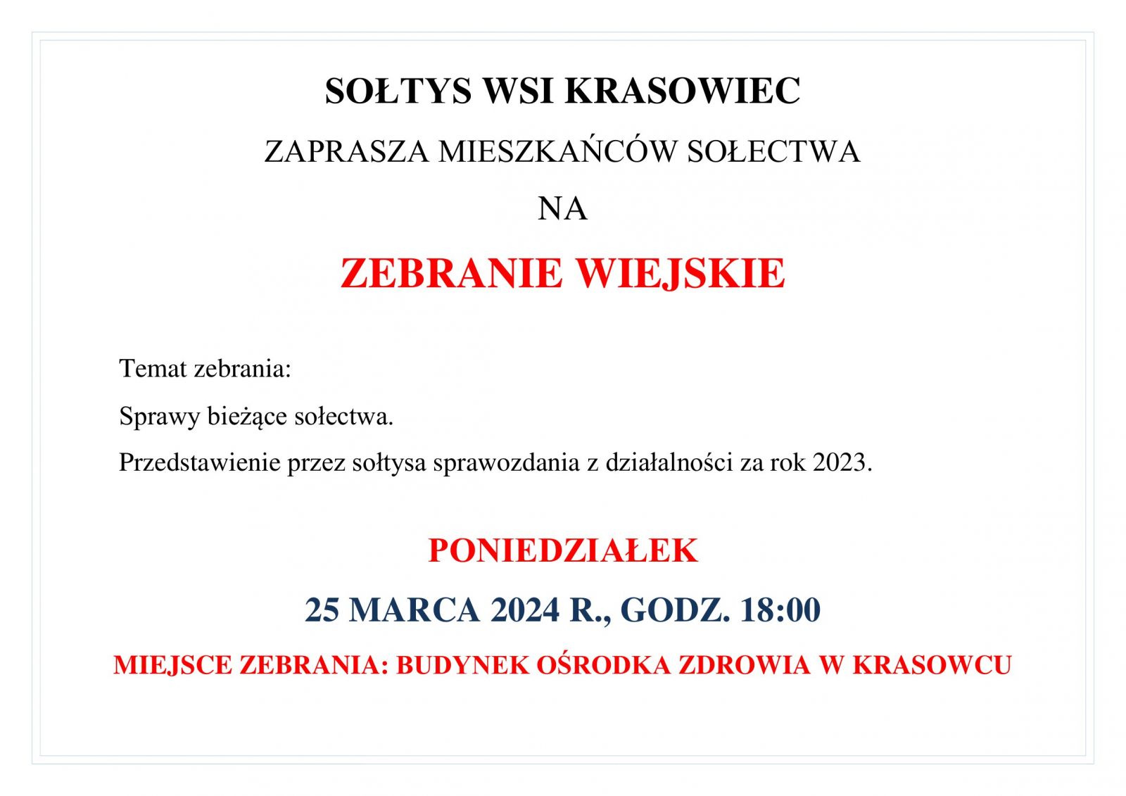 zebranie wiejskie mieszkańców wsi Krasowiec
