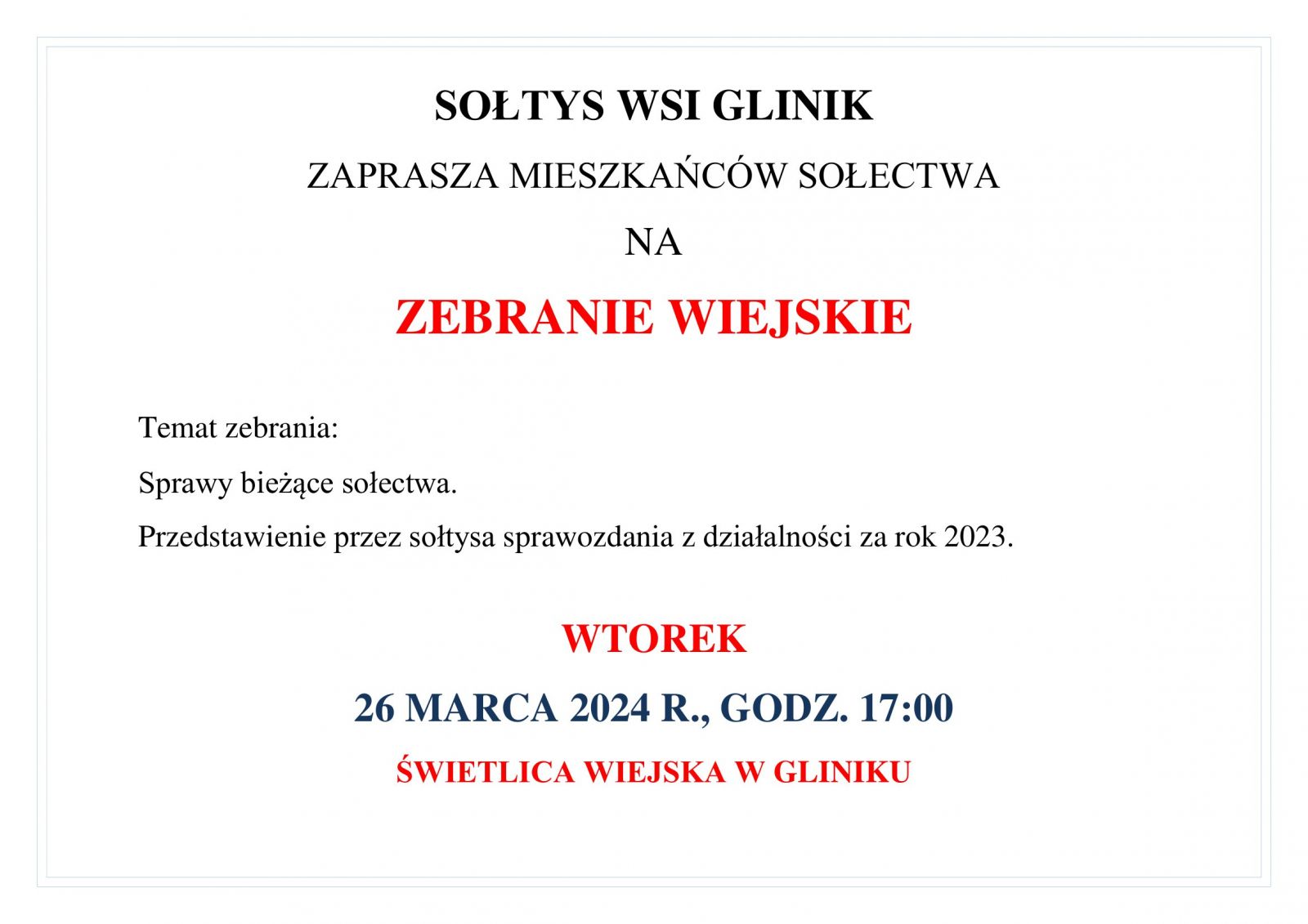 Zebranie wiejskie mieszkańców wsi Glinik