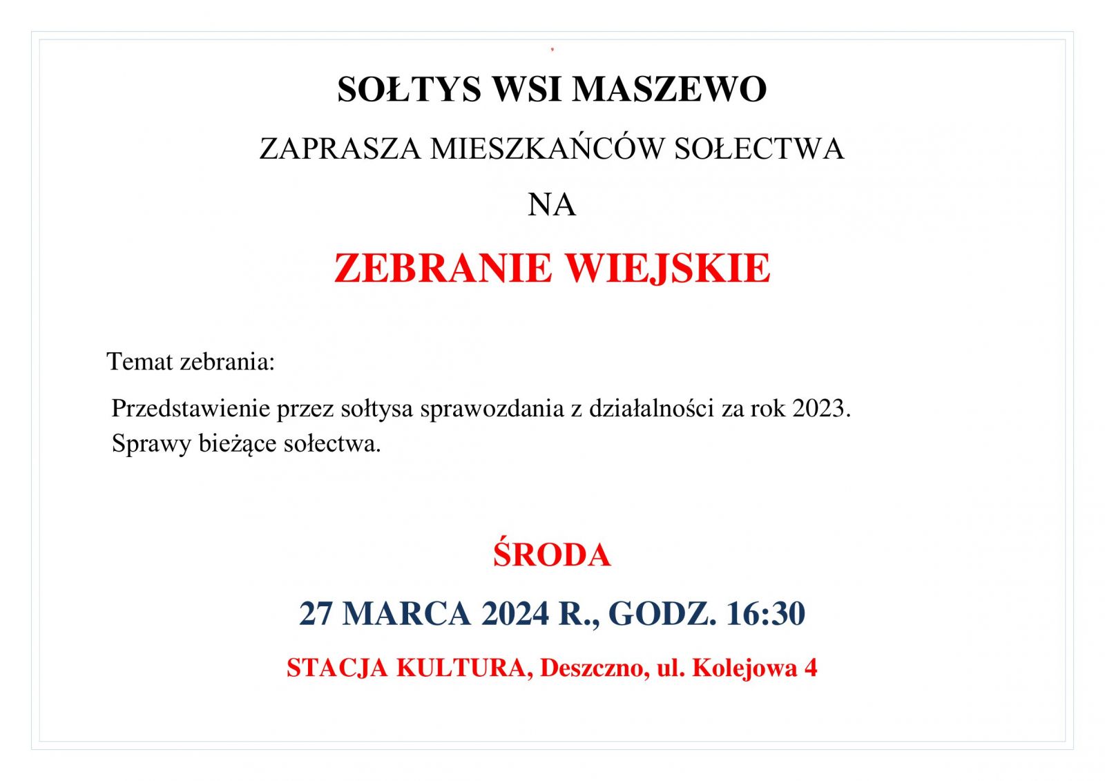 zebranie wiejskie wsi Maszewo
