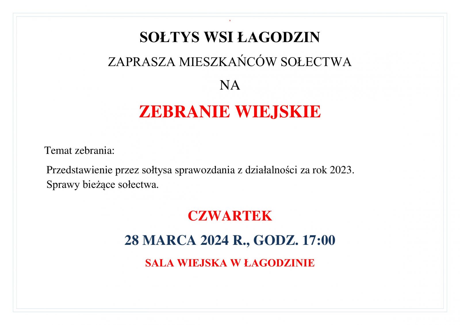 zebranie wiejskie wsi łagodzin