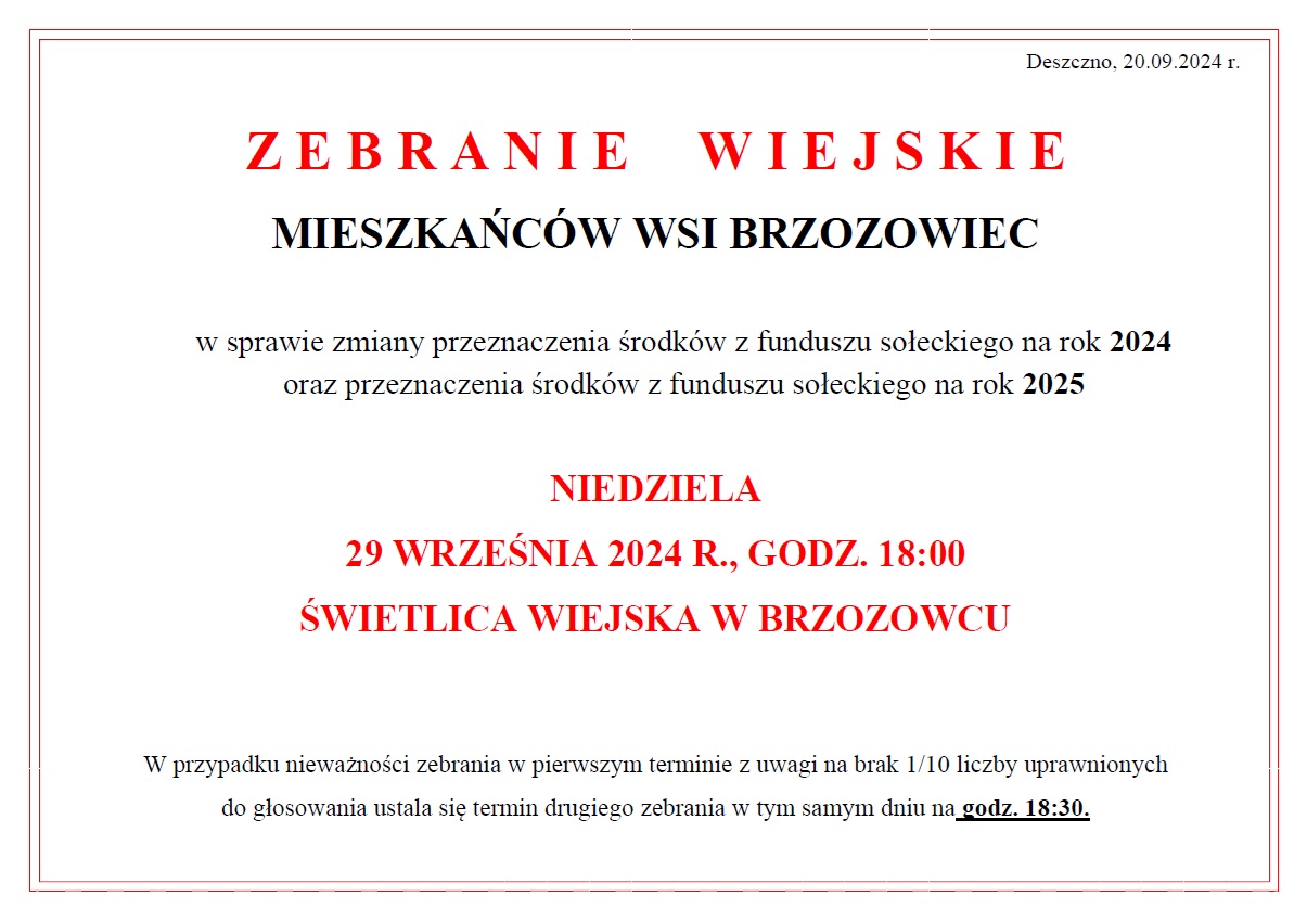 zebranie wiejskiej wsi Brzozowiec FS 2024 zmiana i fs 2025