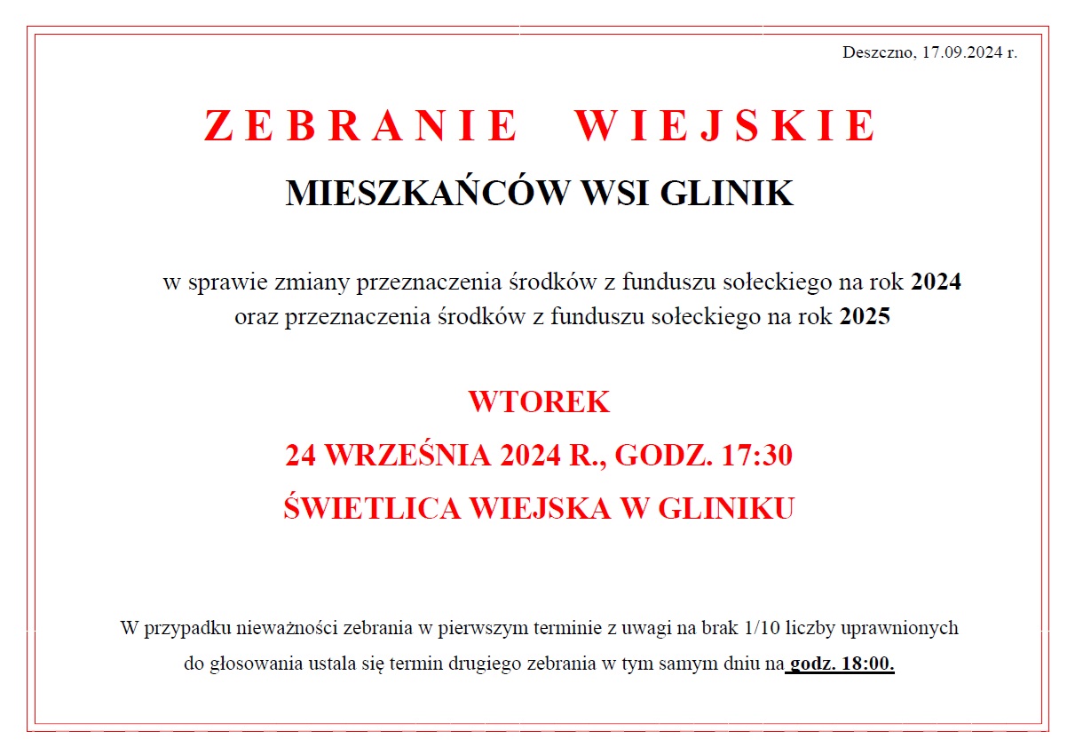 zebranie wiejskie wsi Glinik fundusz sołecki na 2025 i zmiana 2024