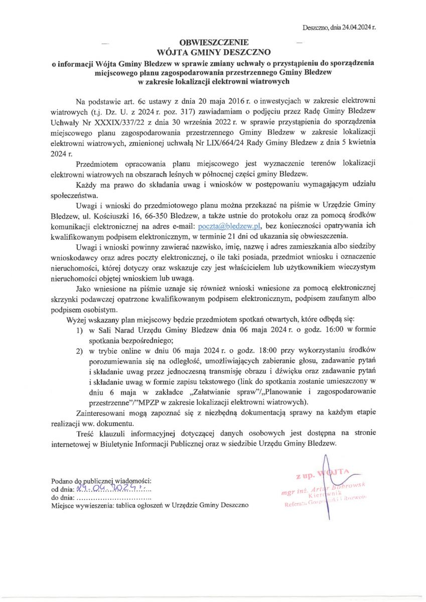 Obwieszczenie Wójta Gminy Deszczno o informacji Wójta Gminy Bledzew