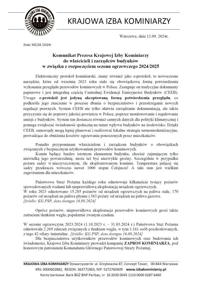 Komunikat Prezesa Krajowej Izby Kominiarzy - rozpoczęcie sezonu ogrzewczego 2024/2025