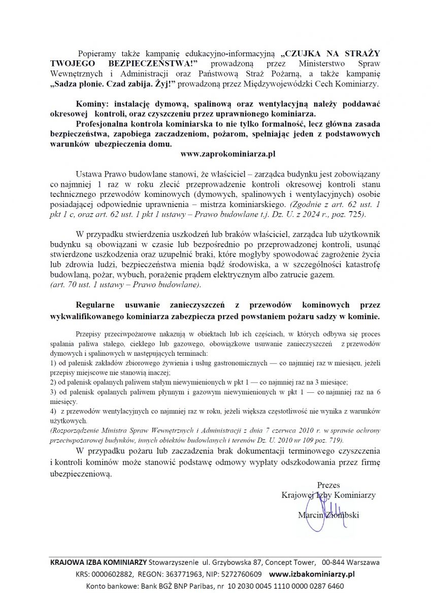 Komunikat Prezesa Krajowej Izby Kominiarzy - rozpoczęcie sezonu ogrzewczego 2024/2025