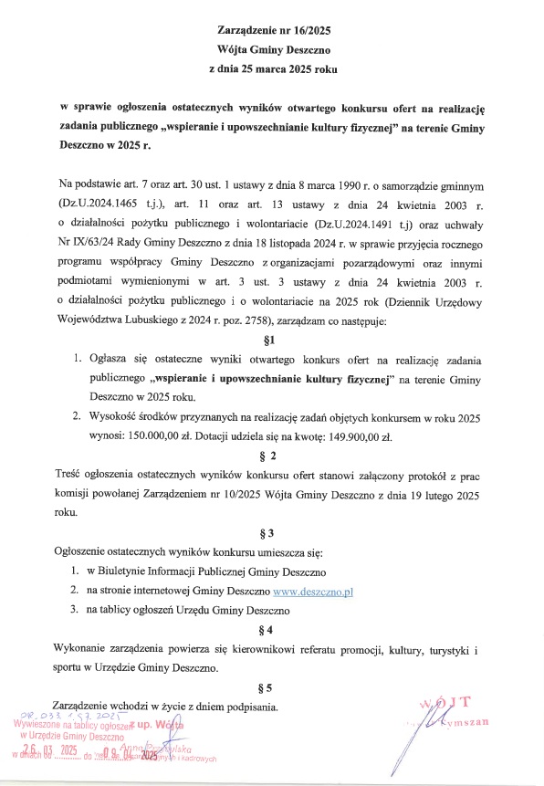 zarządzenie 16_2025 wójta gminy Deszczno - ogłoszenie wyników konkursu OPP 2025