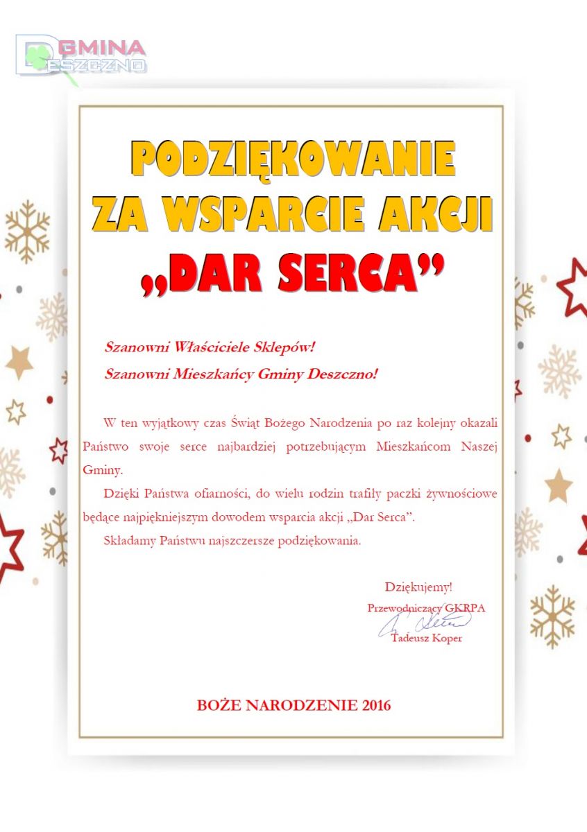 Podziękowanie DAR SERCA Boże Narodzenie 2016