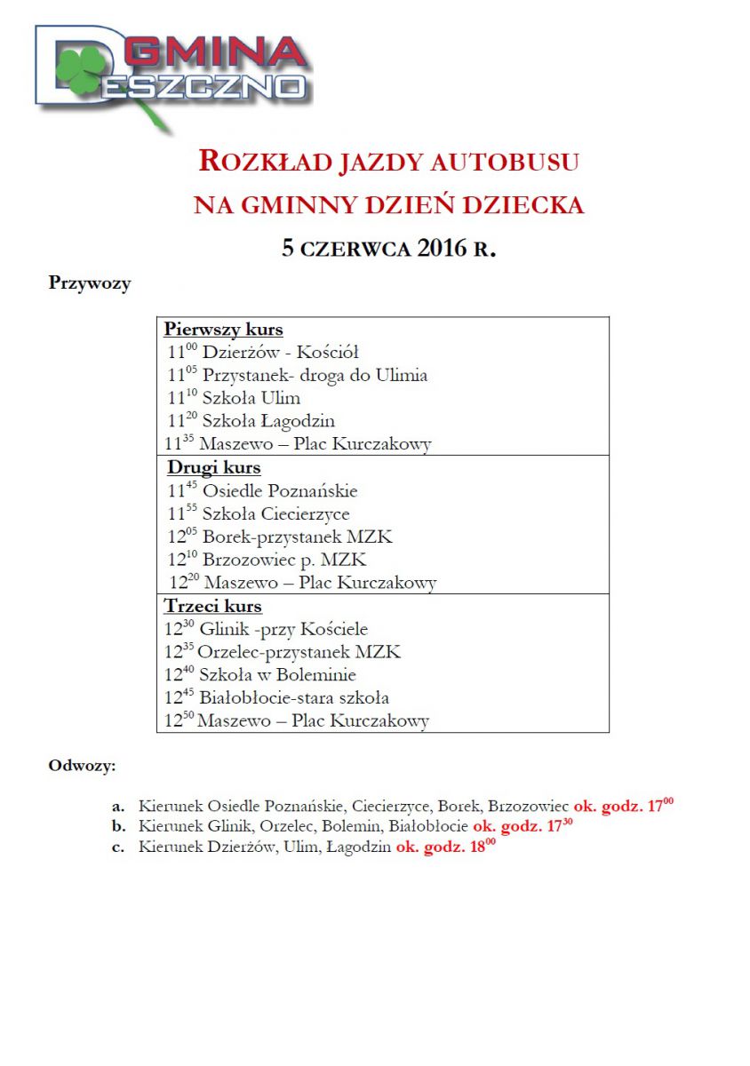 rozkład jazdy autobusu na Gminny Dzień Dziecka