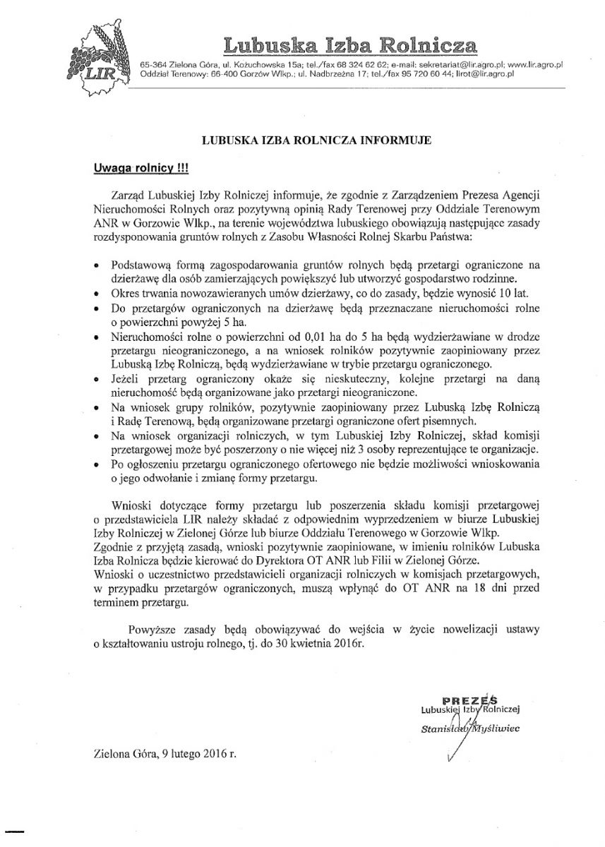 Informacja z Lubuskiej Izby Rolniczej