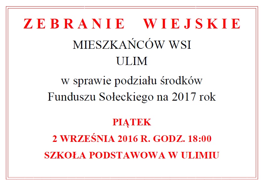 ogłoszenie o zebraniu wiejskim w Ulimiu
