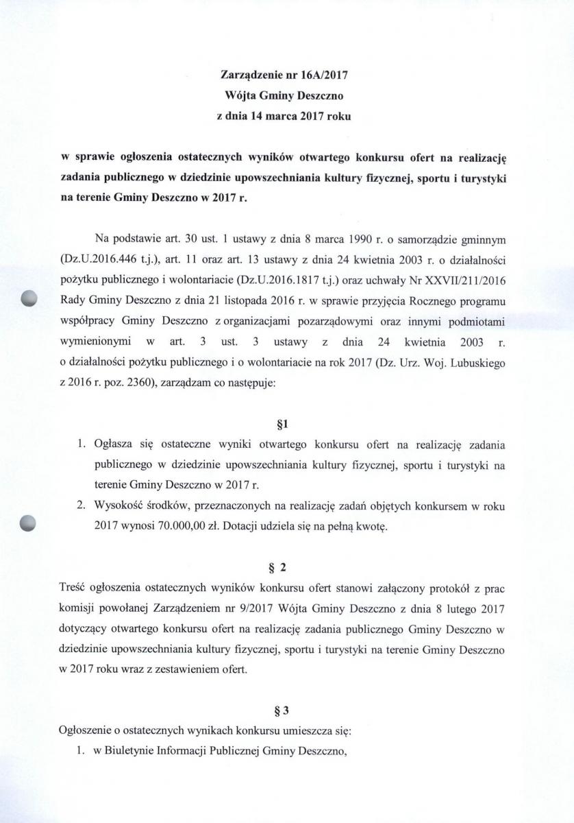 wyniki otwartego konkursu ofert dla organizacji pozarządowych - 2017