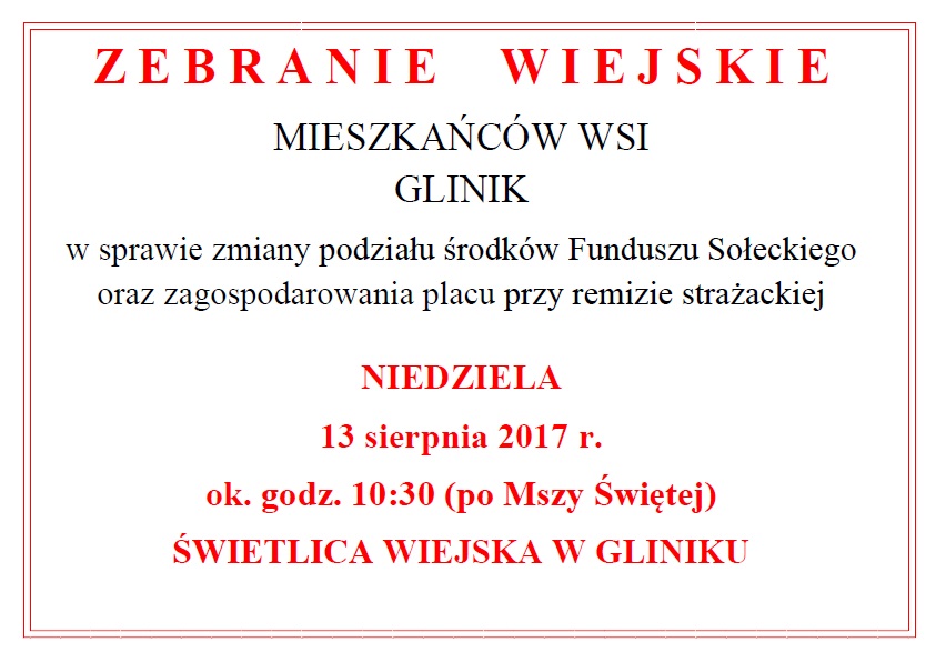 zebranie wiejskie mieszkańców wsi Glinik - ogłoszenie