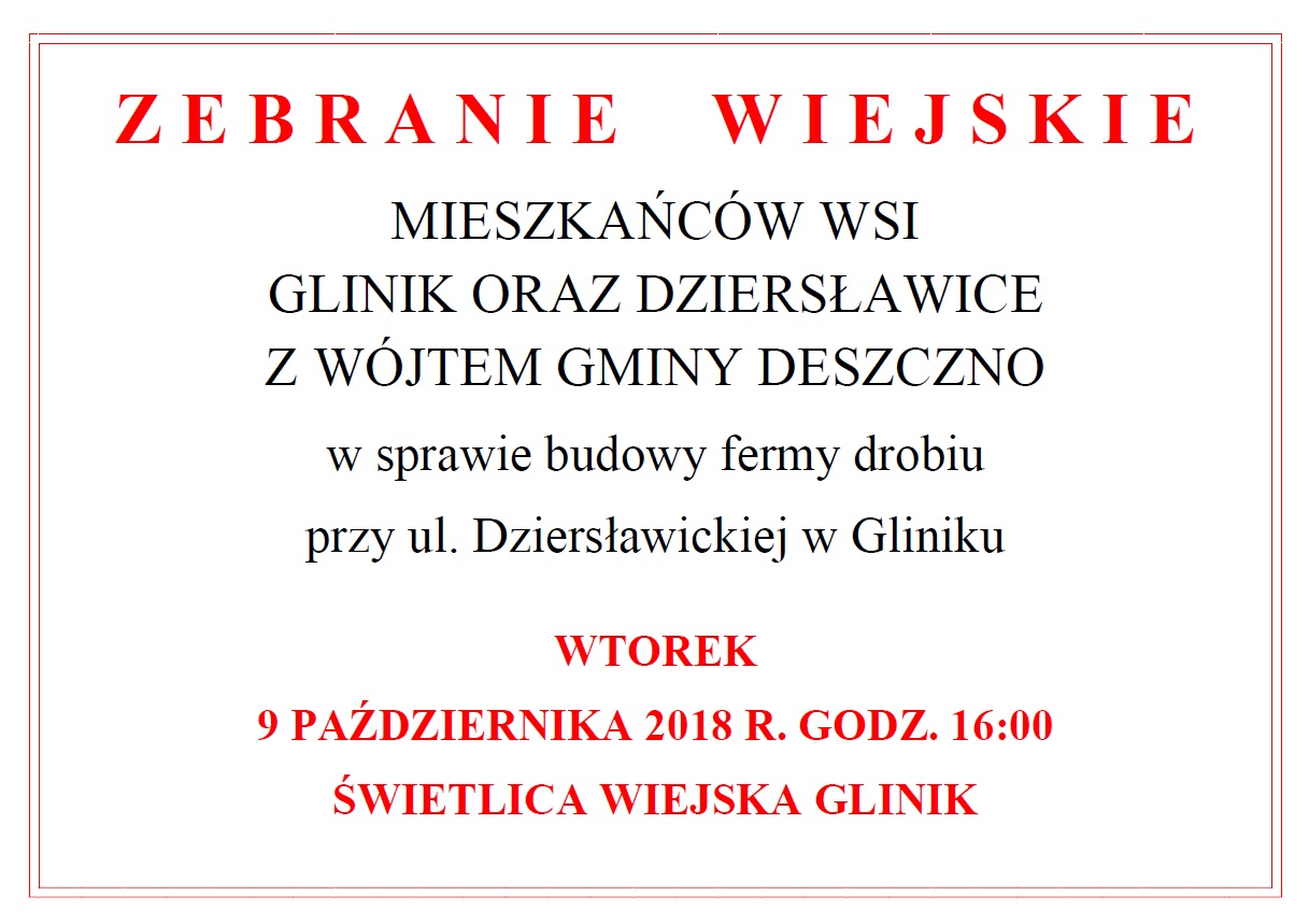zebranie wiejskie w Gliniku w sprawie budowy fermy drobiu 