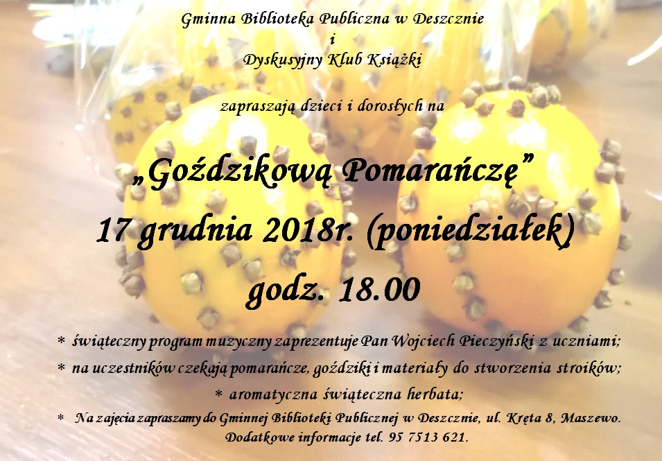 zaproszenie na Goździkową Pomarańczę 17 grudnia godz. 18:00 Biblioteka 