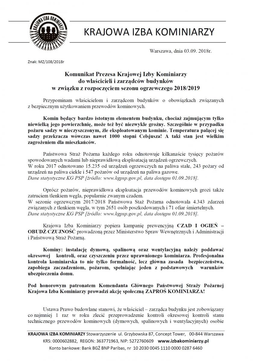 komunikat Krajowej Izby Kominiarzy