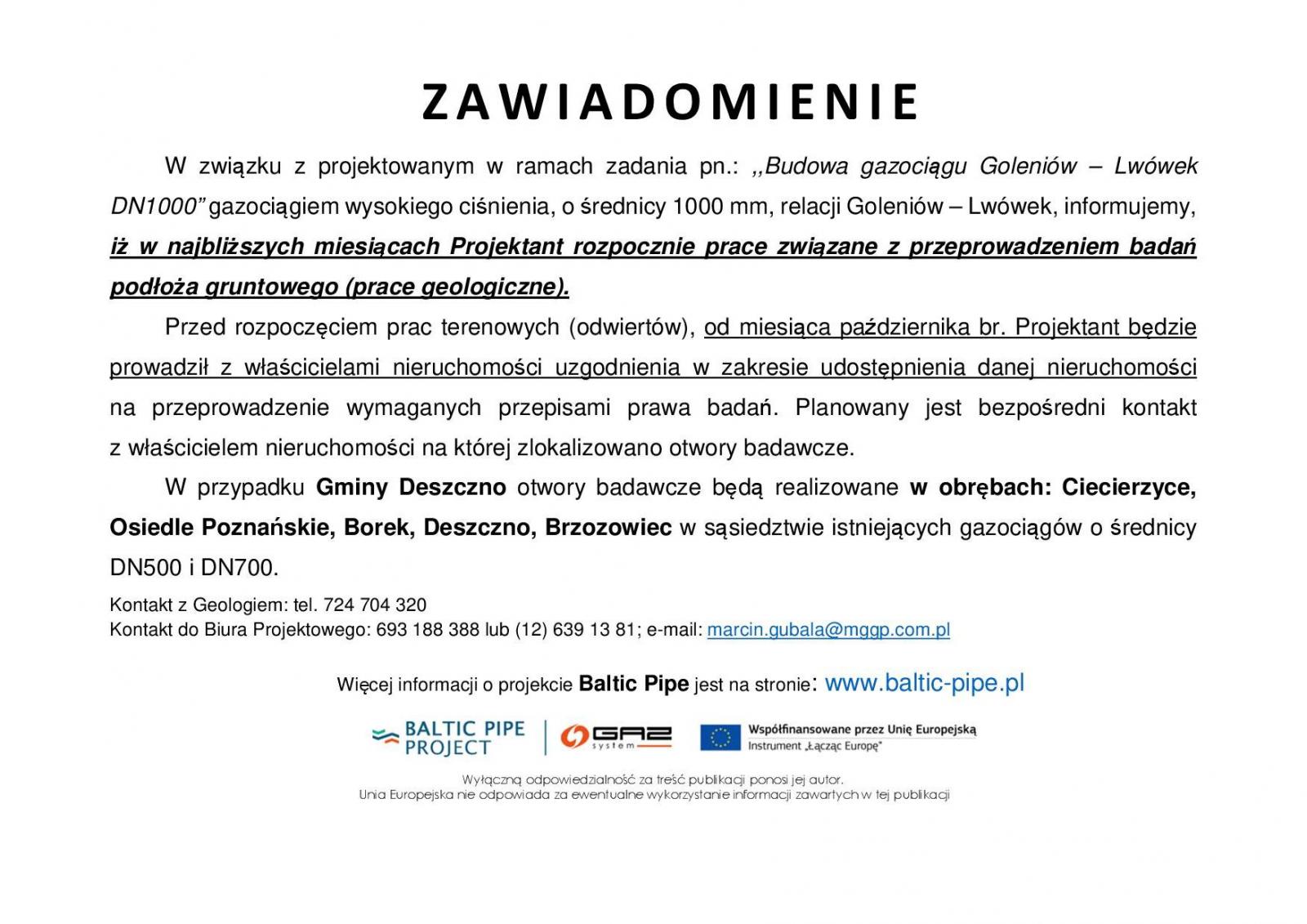 zawiadomienie w sprawie budowy gazociągu