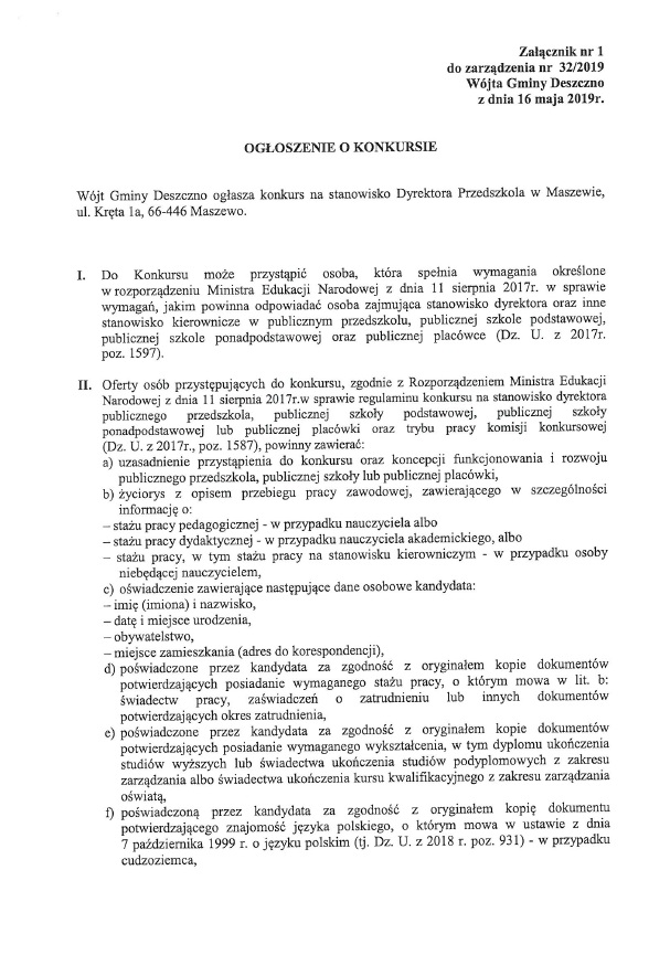 konkurs na dyrektora przedszkola w Maszewie