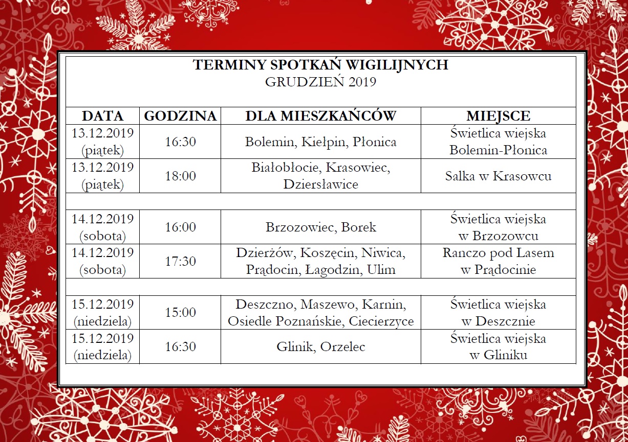 terminy gminnych spotkań wigilijnych 2019