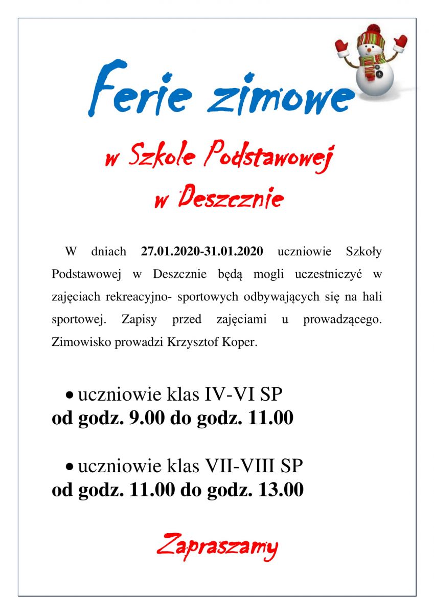 ferie zimowe 2020 w SP w Deszcznie