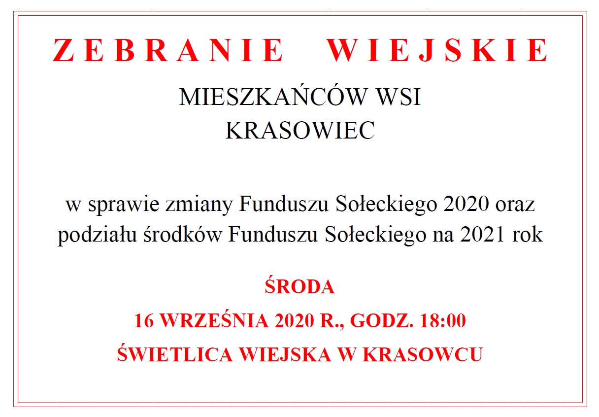 zebranie wiejskie wsi Krasowiec w sprawie funduszu sołeckiego - ogłoszenie 