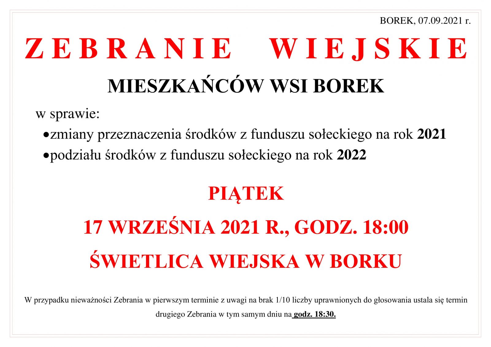 zebranie wiejskie wsi Borek