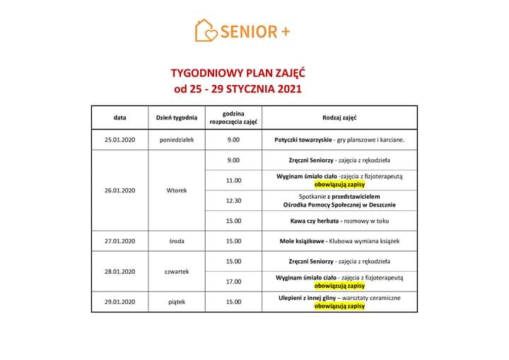 Terminarz zajęć klub seniora
