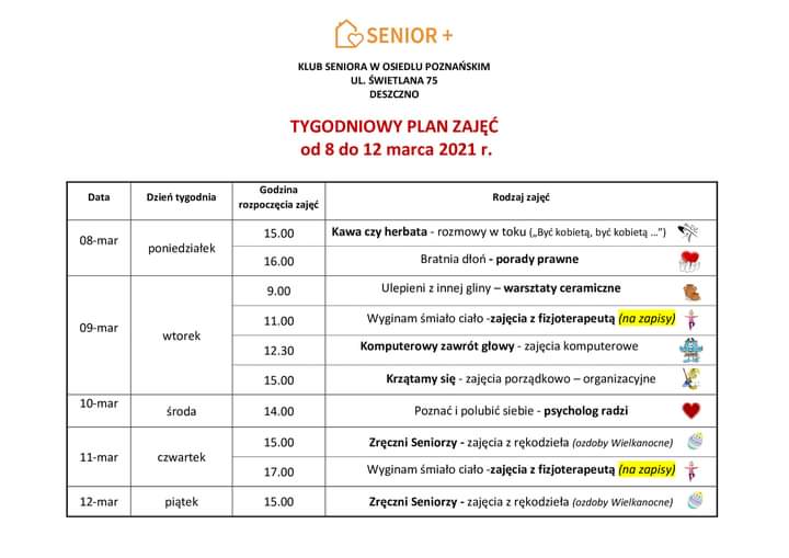 Plan zajęć klub seniora marzec 