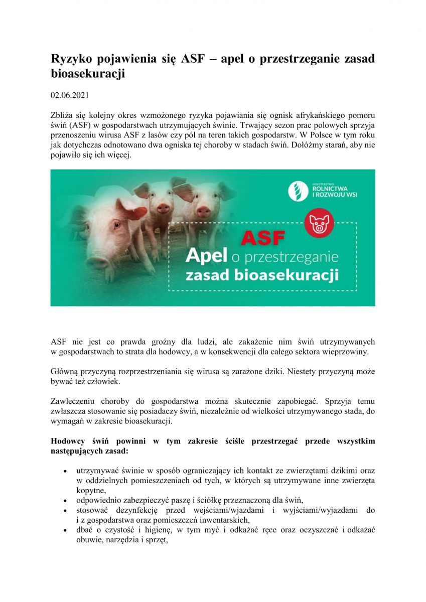 Ryzyko pojawienia się ASF – apel o przestrzeganie zasad bioasekuracji