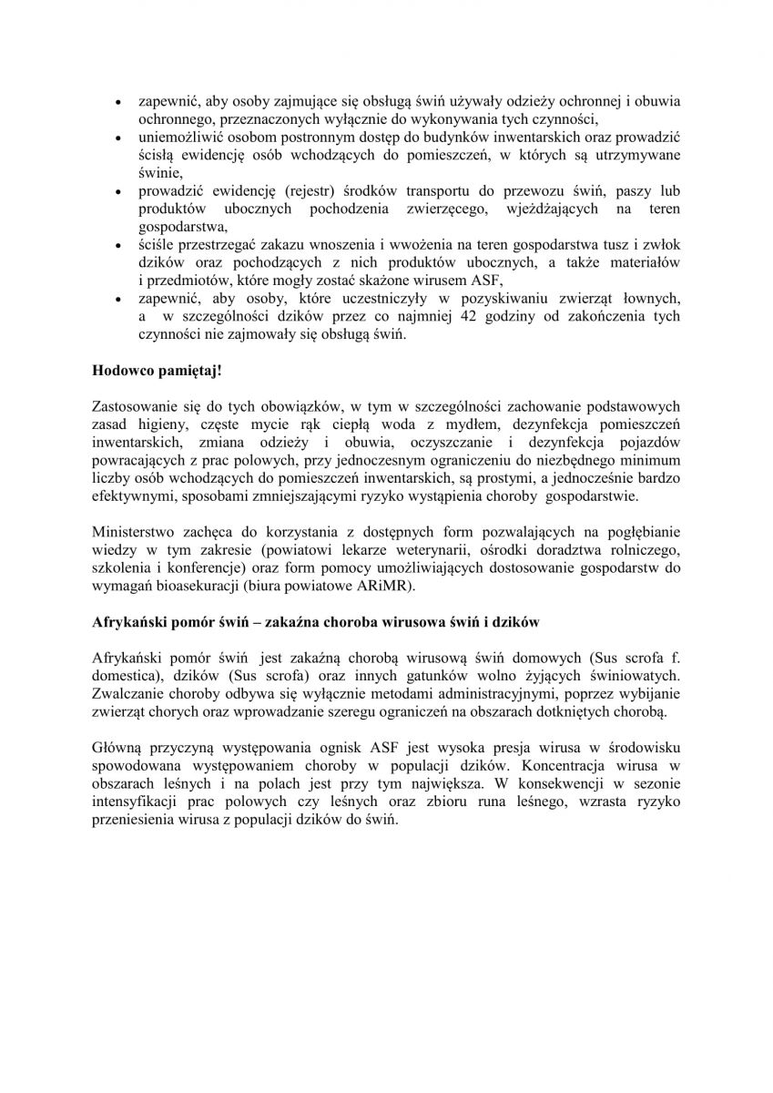 Ryzyko pojawienia się ASF – apel o przestrzeganie zasad bioasekuracji