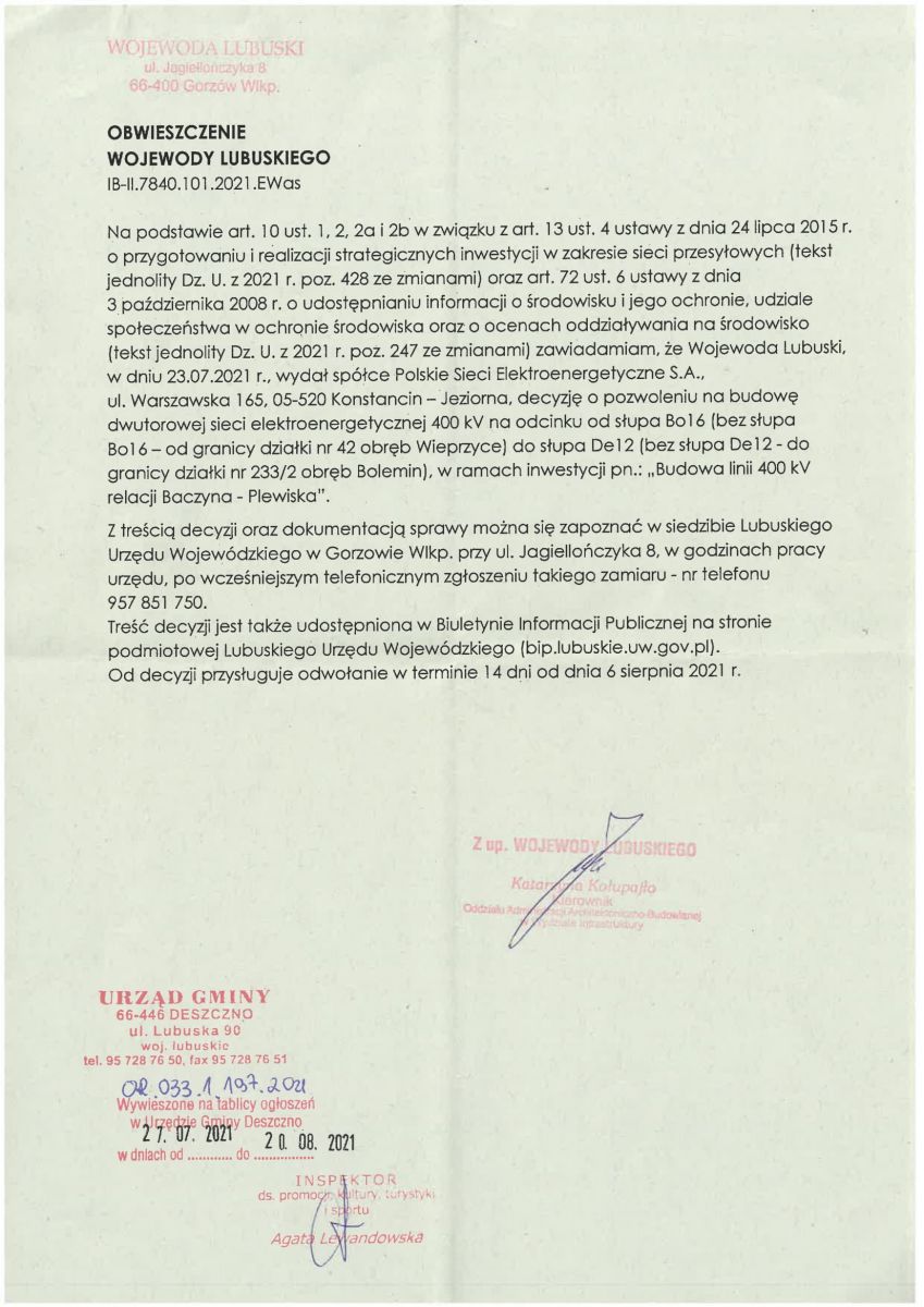 Obwieszczenie Wojewody Lubuskiego nr IB-II.7840.101.2021 "Budowa linii 400kV relacji Baczyna-Plewiska" 