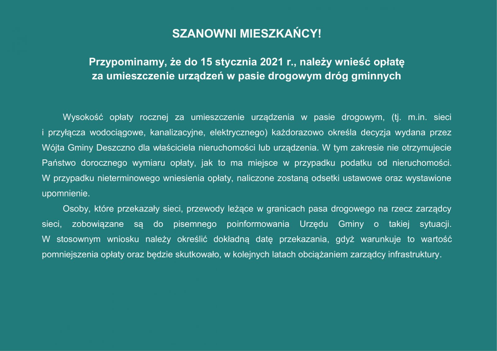 przypomnienie o opłacie za umieszczenie urządzeń w pasie drogowym