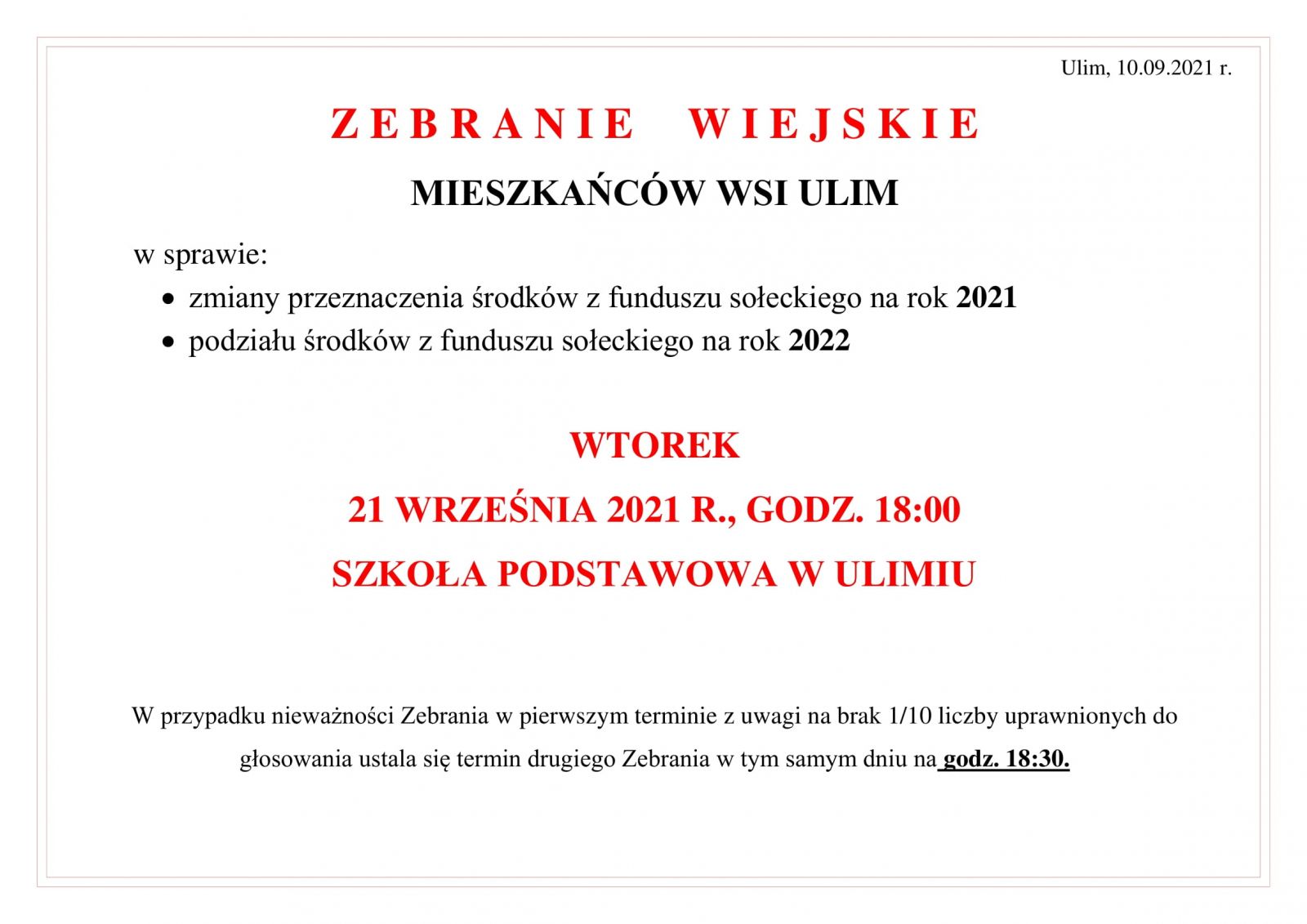 zebranie wiejskie wsi Ulim