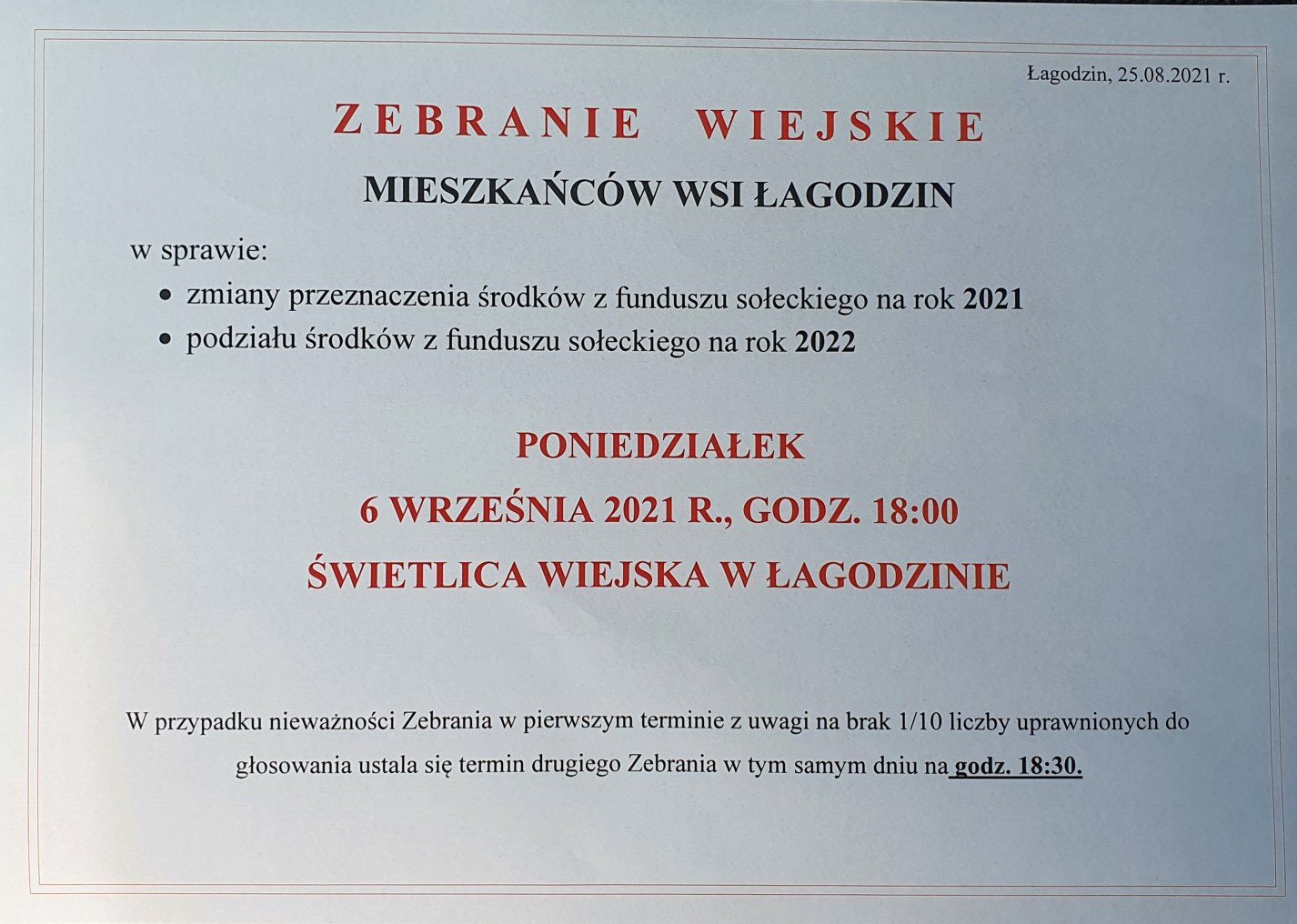 zebranie wiejskie mieszkańców wsi łagodzin